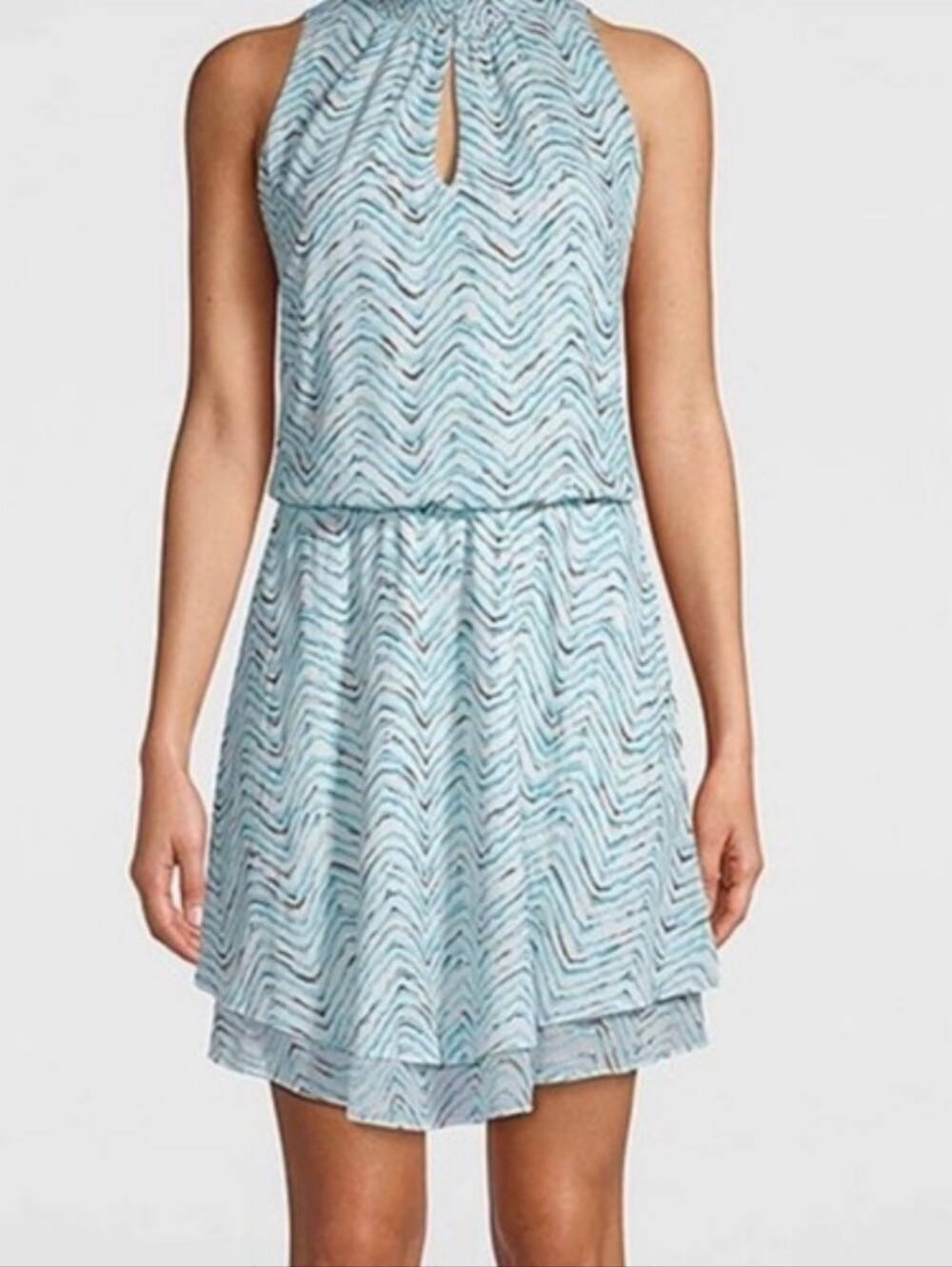 WHBM Ocean Waves Sleeveless Cinched Mini Dress Blue White & Gold Chevron, Size L